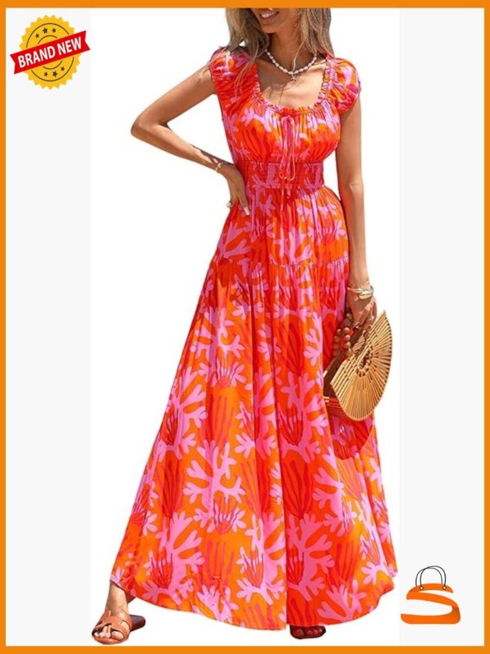 Boho Maxi Dress Floral Square Neck Cap Sleeve Empire Waist Ruffle Hem Pockets